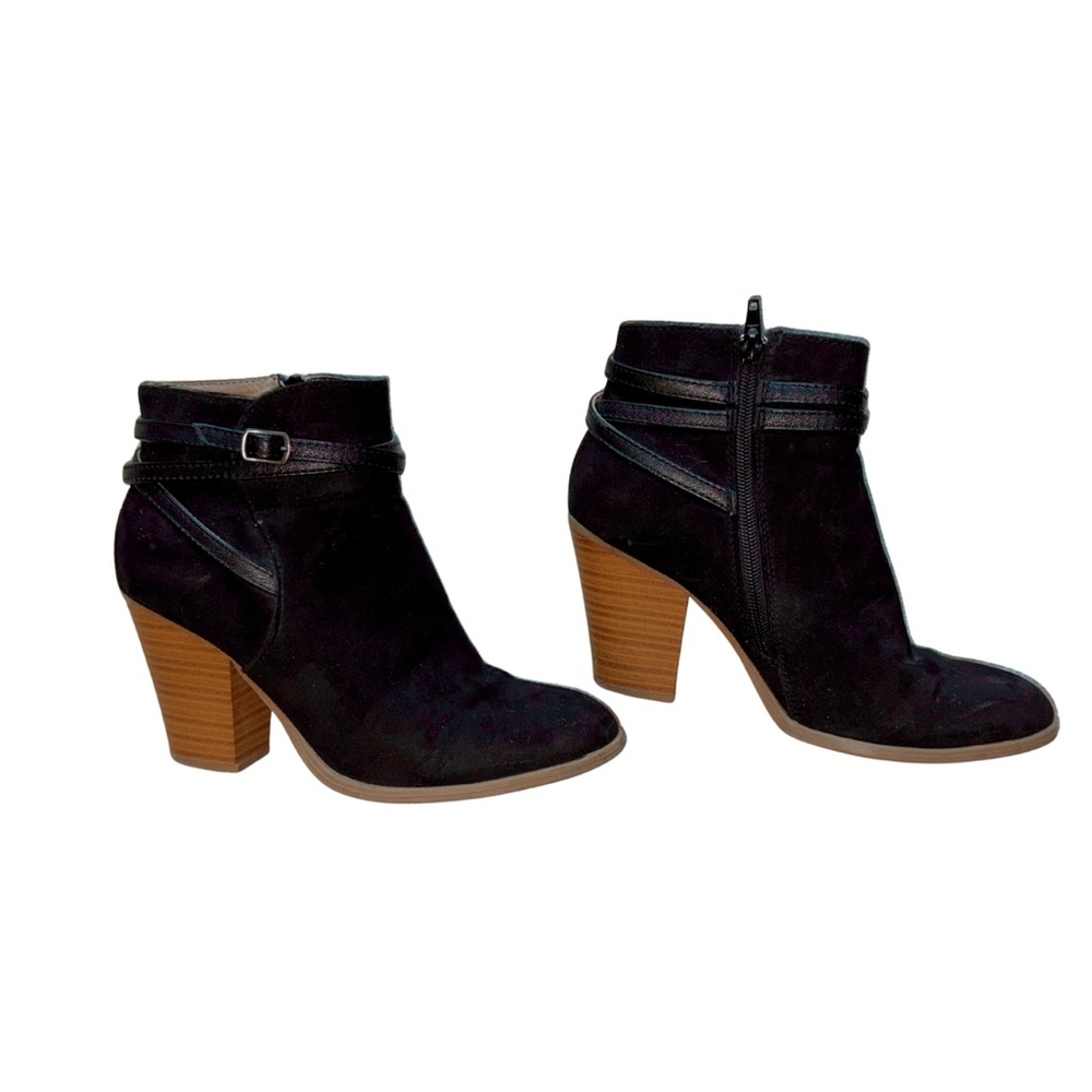 Black Suede Heeled Boots with Wooden Accents
